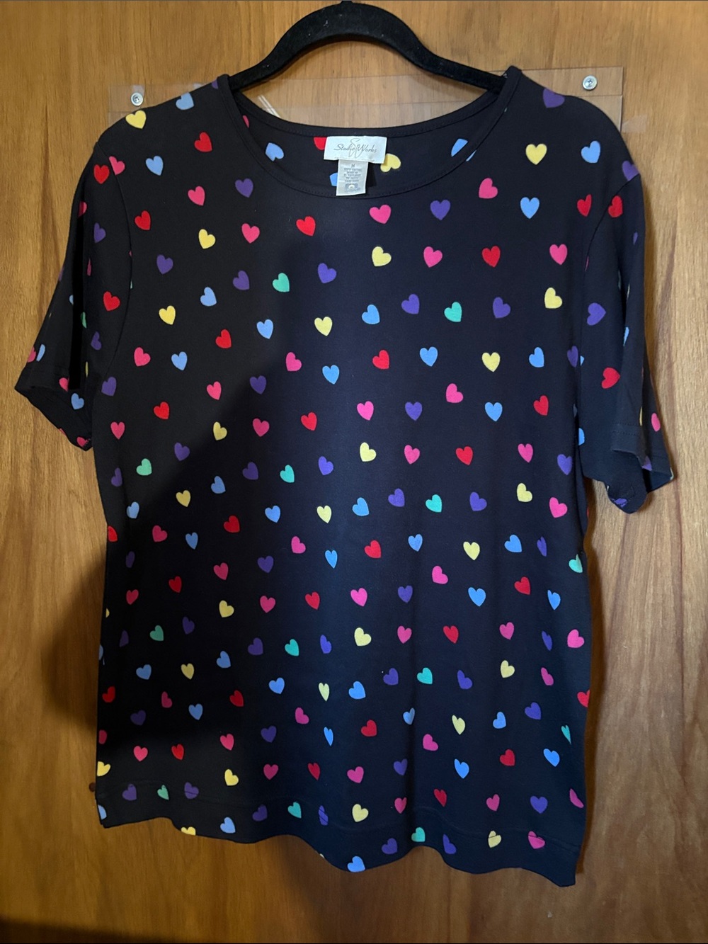 Studio Works Black Short-Sleeve Tee with Rainbow Heart Print